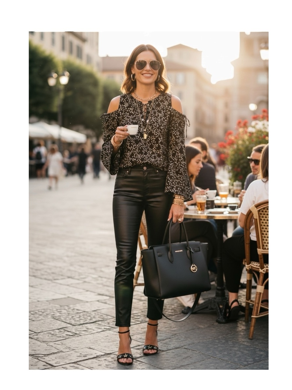 new Michael Kors ★ Gold Foil Star Print Cold Shoulder Tie Sleeve Top ★ Black XL